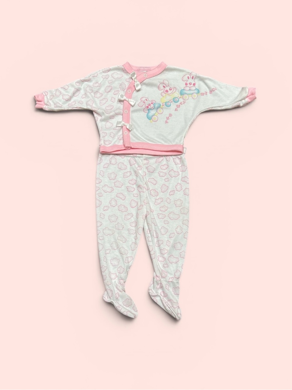 Vintage 90s Babygro Matching Set Shirt and Pants Baby Girl Bunnies Clouds